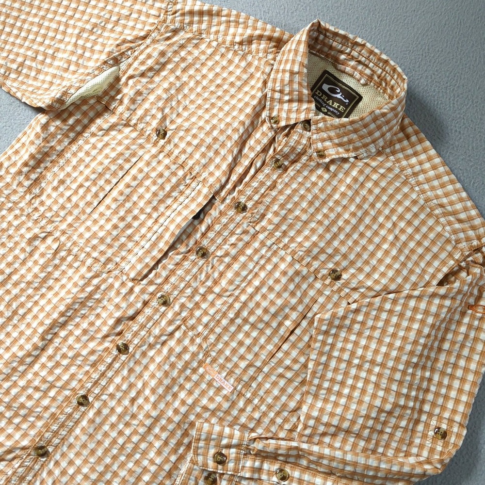 Drake Featherlite Wingshooters Shirt Mens Small Orange Plaid Ventilated Fishing